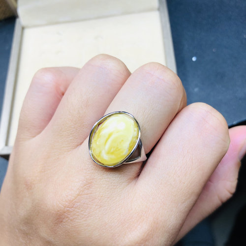 天然原矿白花蜜蜜蜡戒指12X16MM925银琥珀手饰活口可调节指环百搭 - 图2