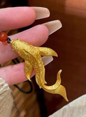 古法大鱼吊坠越南沙金錾刻镶嵌大