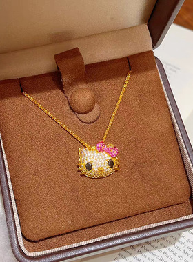 金店同款沙金满钻TK猫吊坠项链粉