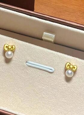 越南沙金蝴蝶结珍珠耳钉高级感小