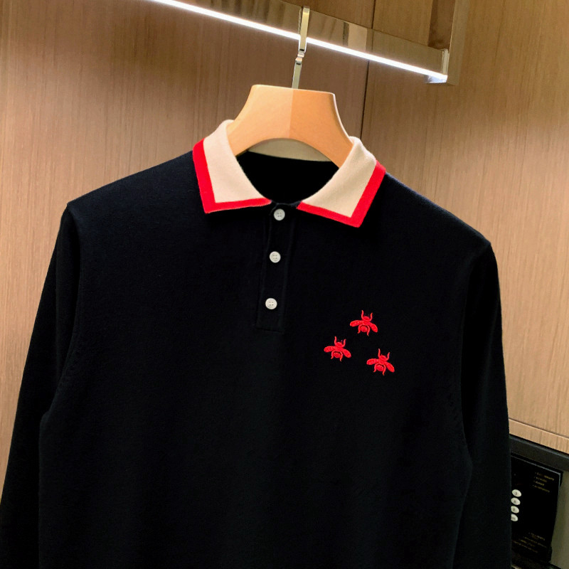 秋冬新款男装拼色上衣polo衫男长袖小蜜蜂刺绣高级黑色翻领针织衫 - 图1