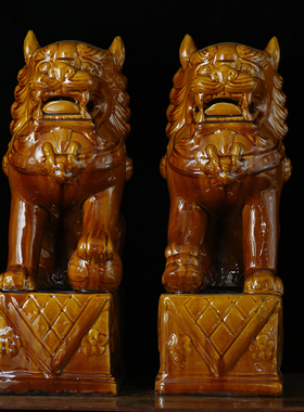 狮子陶瓷镇宅看门一对摆件