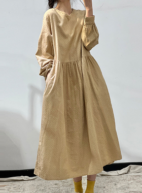 日系A型麻料纯色圆领连衣裙