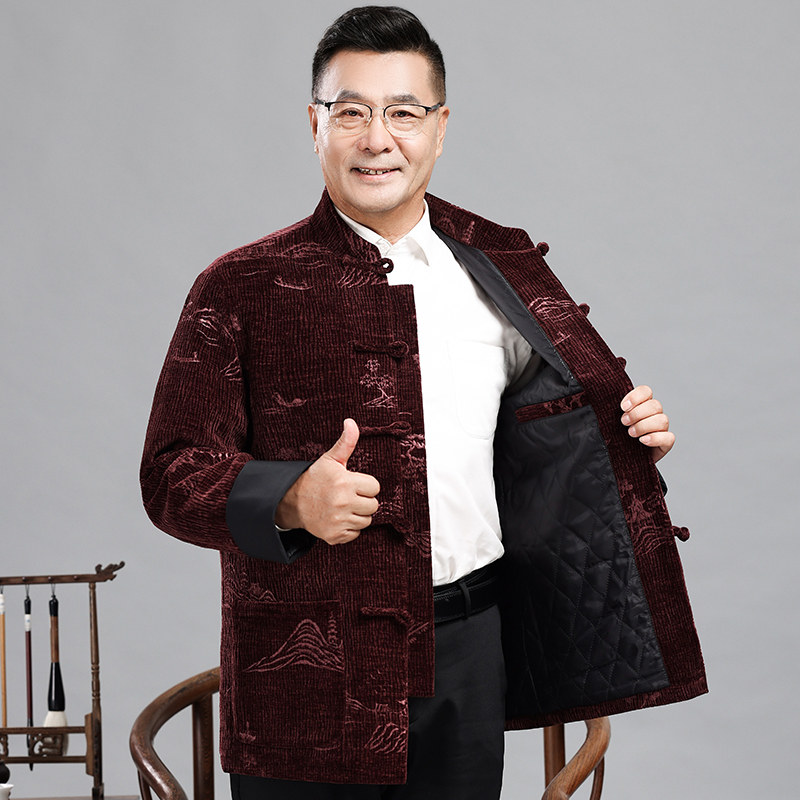 灯芯绒唐装男老人冬季加棉加厚外套中老年爸爸棉衣中国风爷爷套装,淘宝优惠券,粉丝福利购,淘宝优惠卷