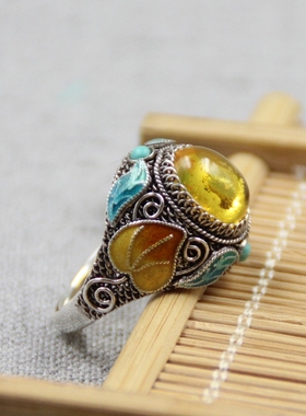 烧蓝镶嵌琥珀汉服掐丝珐琅戒指