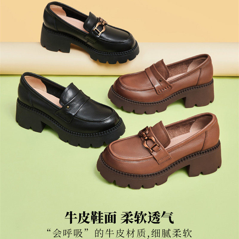 骆驼牌女鞋2025春季新款真皮英伦风厚底粗跟单鞋JK小皮鞋女乐福鞋,淘宝优惠券,粉丝福利购,淘宝优惠卷