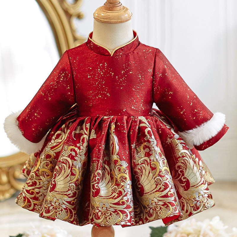 周岁女宝宝礼服红色喜庆小童婴儿抓周宴公主裙新中式唐装拜年服冬,淘宝优惠券,粉丝福利购,淘宝优惠卷