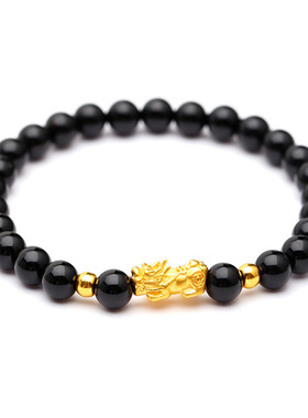3D硬金招财貔貅黄金转运珠手链女