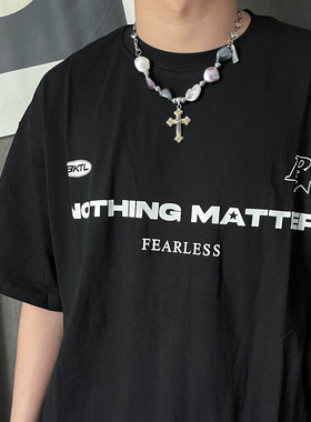 复古小众设计天然异形珍珠镶钻嘻哈男女项链十字架吊坠个性现货