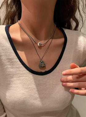 新款双层叠戴辣妹天然石头项链卫衣链个性ins小众设计感配饰