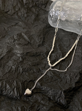 立体方块爱心吊坠项链女ins嘻哈钛钢冷淡风百搭小众设计感毛衣链