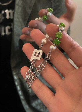 绿色串珠项链钛钢材质其他男女