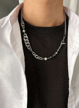 欧美朋克风几何黑白拼接镶钻链条