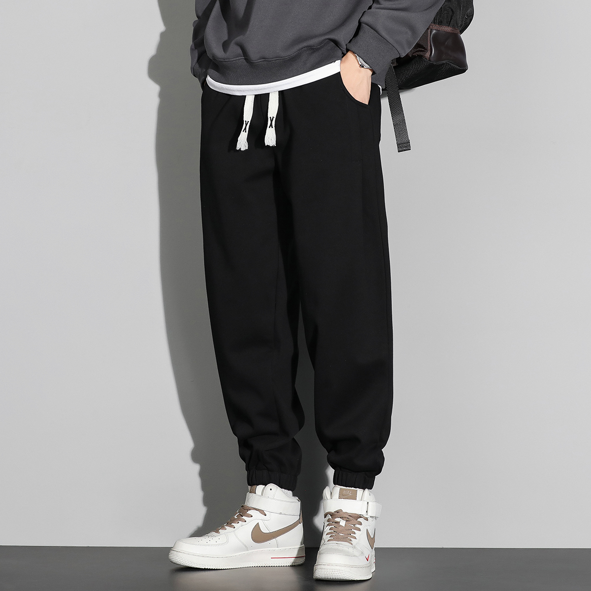 宸轩秋冬高个子大码男装卫裤加长宽松束脚胖子加肥加大黑色运动裤