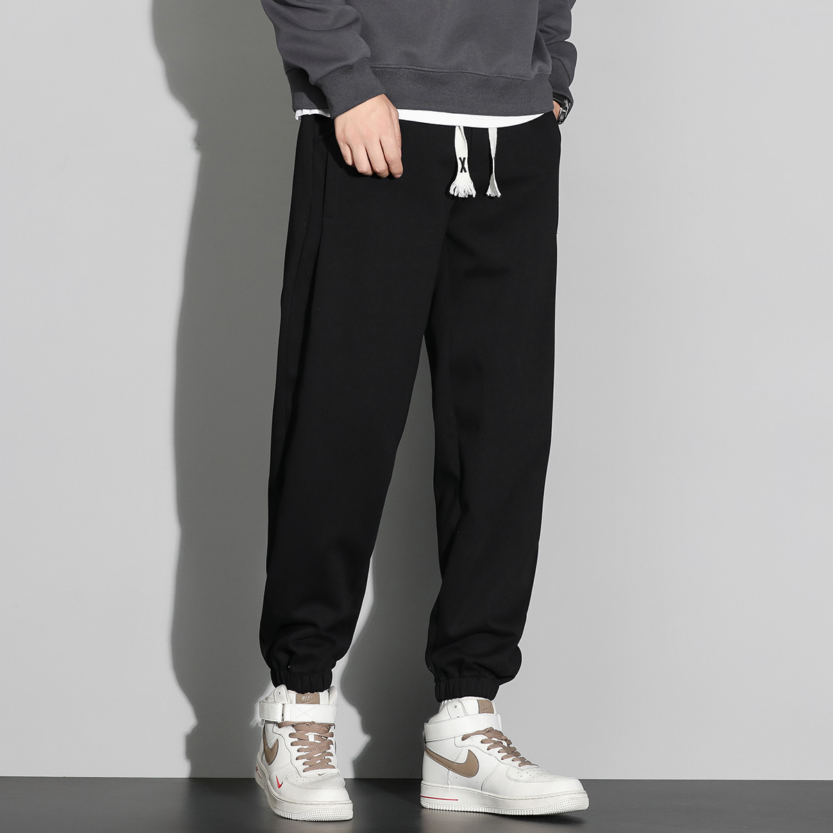 宸轩秋冬高个子大码男装卫裤加长宽松束脚胖子加肥加大黑色运动裤