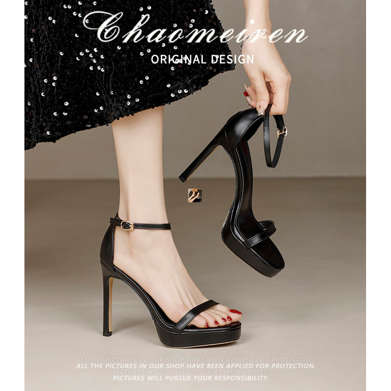 2025新款网红银色露趾一字带凉鞋女细跟11cm百搭性感防水台高跟鞋,淘宝优惠券,粉丝福利购,淘宝优惠卷