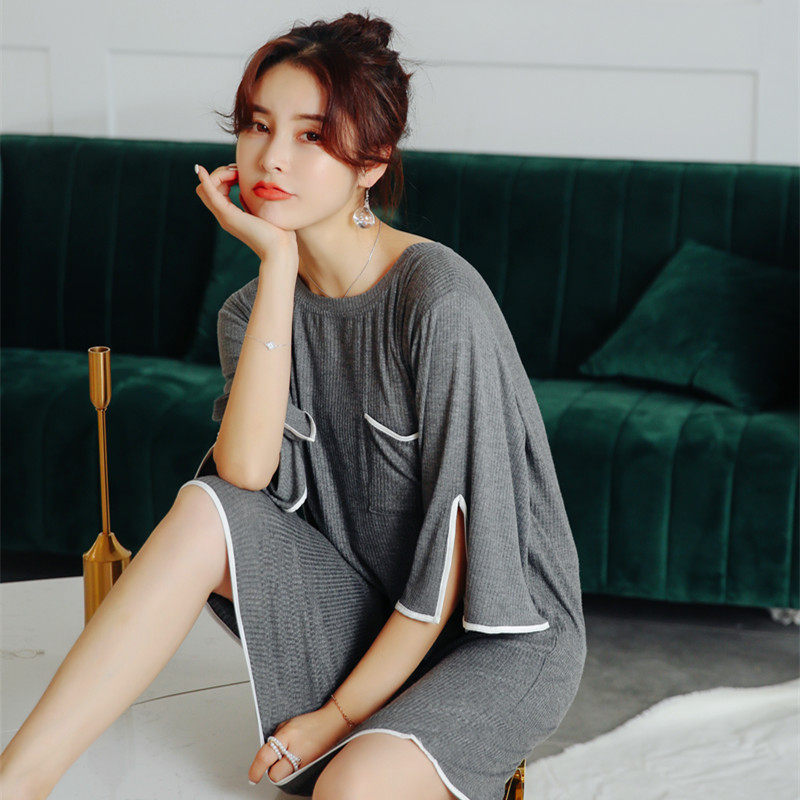 2018春秋季新款舒适睡眠宽松冰丝坑条半袖开衩口袋睡裙家居服圆领,淘宝优惠券,粉丝福利购,淘宝优惠卷