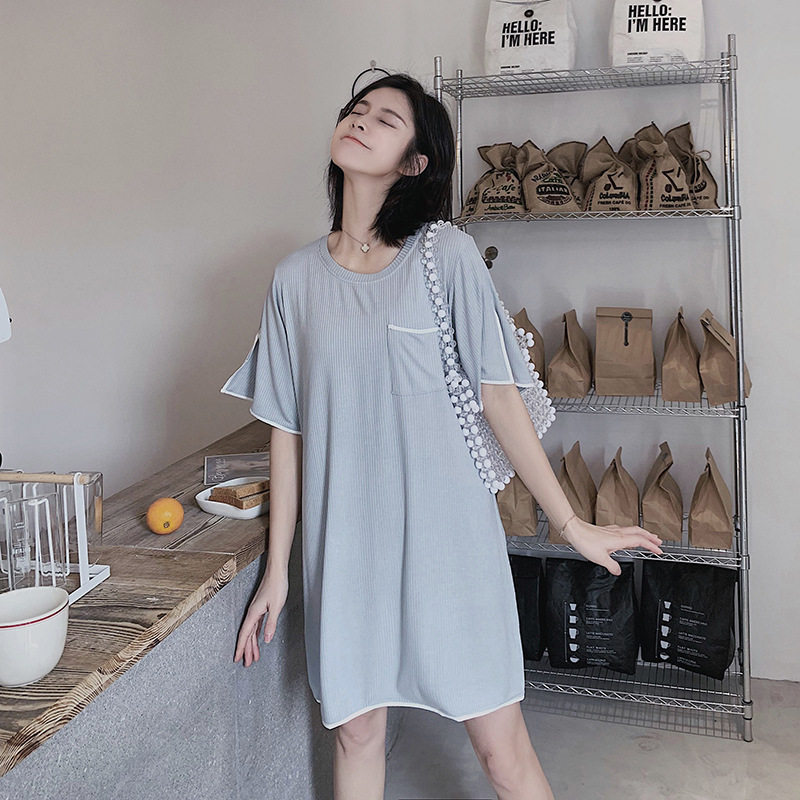 2018春秋季新款舒适睡眠宽松冰丝坑条半袖开衩口袋睡裙家居服圆领,淘宝优惠券,粉丝福利购,淘宝优惠卷