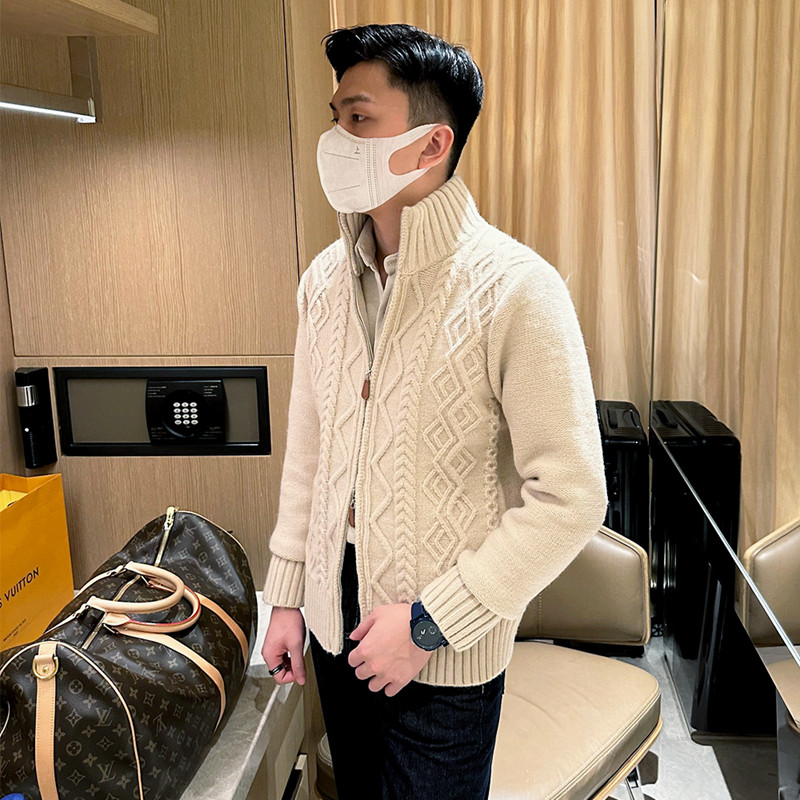 冬季加厚棒针麻花羊毛衫男款保暖外套英伦复古拉链开衫高领毛衣男