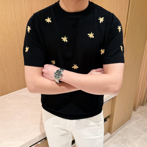 yomobrother夏季新款轻奢男装针织短袖男潮流黑色刺绣小蜜蜂t恤男 - 图3