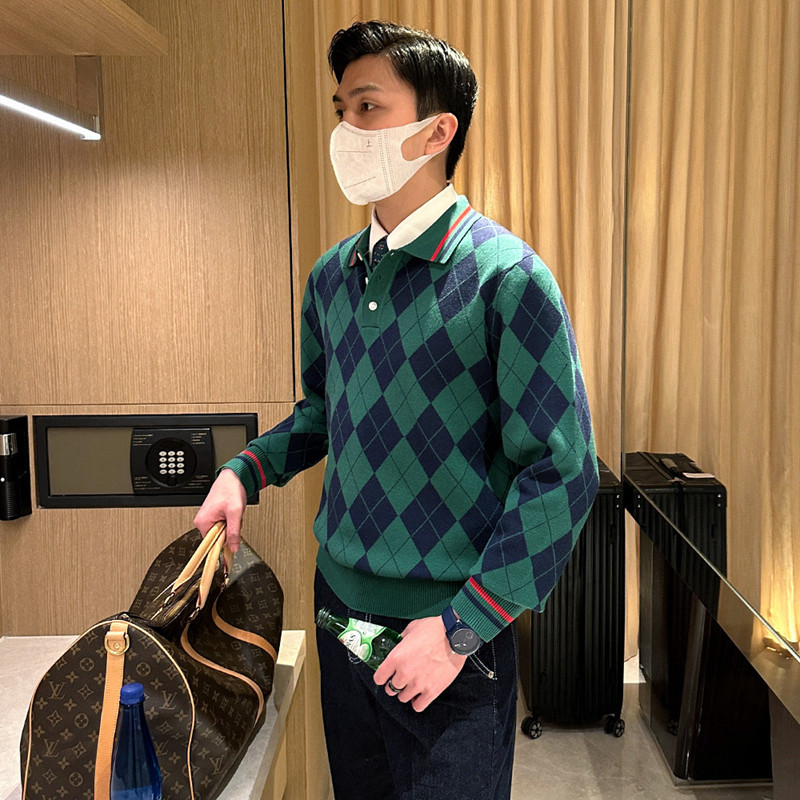 法国奢华男装菱格撞色翻领针织衫上衣时尚复古商务男士长袖polo衫,淘宝优惠券,粉丝福利购,淘宝优惠卷