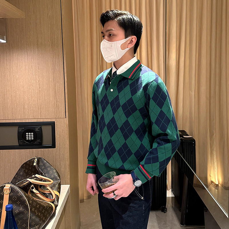 法国奢华男装菱格撞色翻领针织衫上衣时尚复古商务男士长袖polo衫,淘宝优惠券,粉丝福利购,淘宝优惠卷