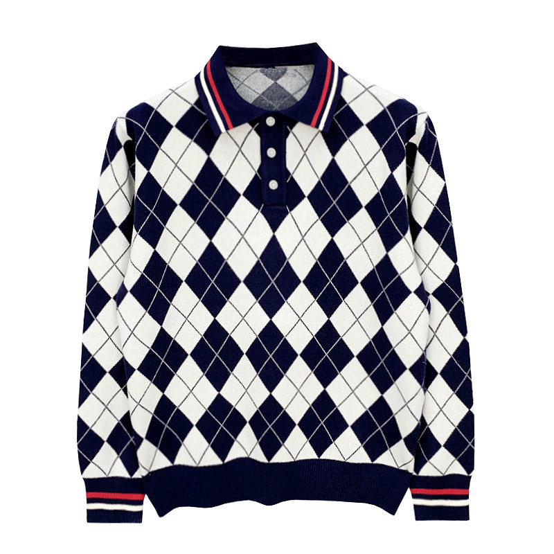 法国奢华男装菱格撞色翻领针织衫上衣时尚复古商务男士长袖polo衫,淘宝优惠券,粉丝福利购,淘宝优惠卷
