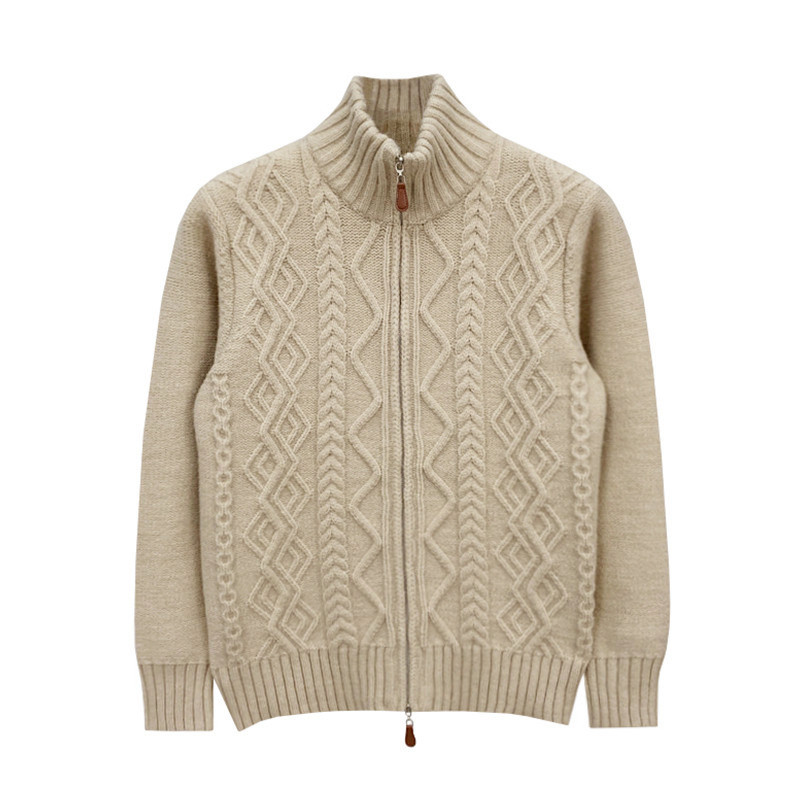 冬季加厚棒针麻花羊毛衫男款保暖外套英伦复古拉链开衫高领毛衣男