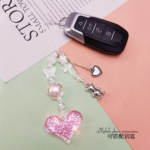 手机挂绳女款闪粉爱心挂件网红同款ins卡通小熊挂饰短款钥匙挂坠时尚潮流挂链 - 图1