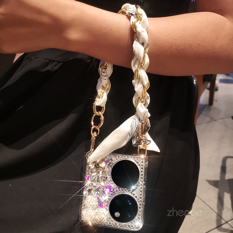 丝巾挂链手机挂绳水钻宝石手机壳女款适用华为P50PocketS折叠屏手机真机开模P60Pocket2代手机保护套全包防摔 - 图1