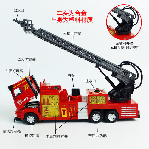 合金消防车玩具仿真可喷水水枪车声光回力云梯车男孩宝宝耐摔汽车 - 图1