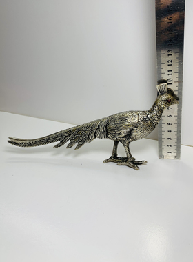 Vintage铜镀银小鸟 长尾巴鸟 锦鸡雉乌动物摆件家居装饰 回流孤品