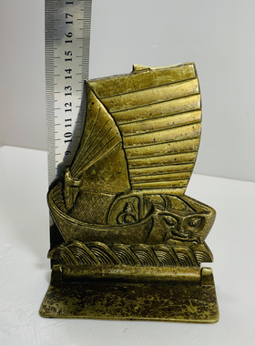 Vintage黄铜一帆风顺 帆船 老虎头人物摆件书挡手工有字创汇 孤品