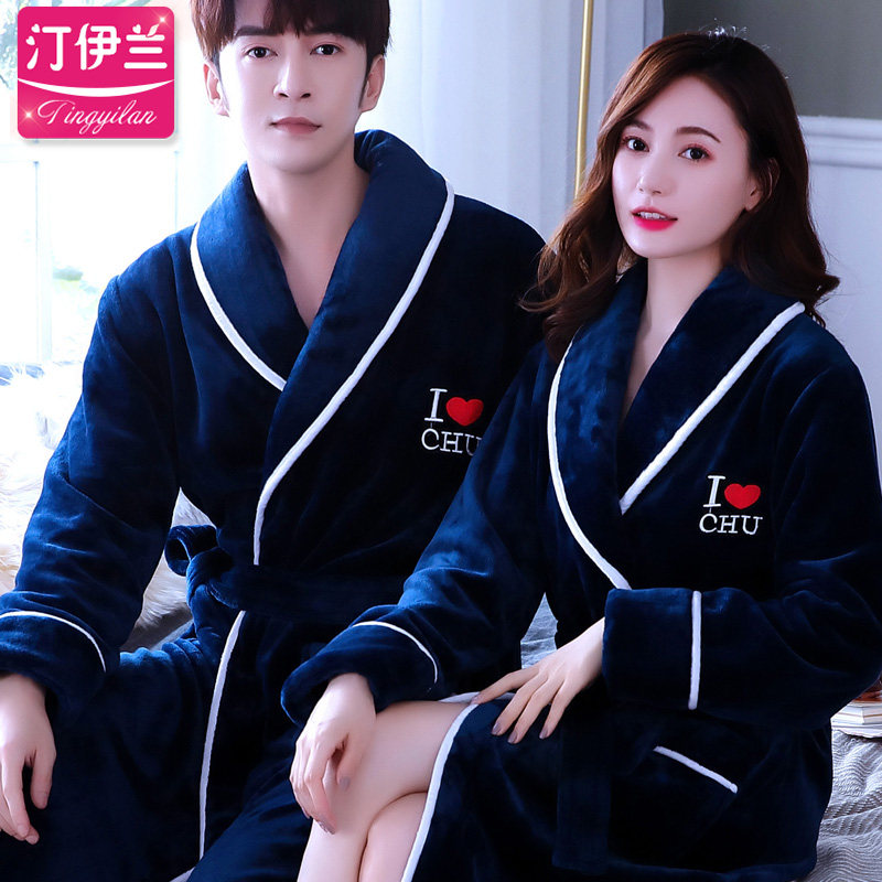 秋冬季情侣法兰绒男女加绒加长睡袍 御美服饰睡袍/浴袍
