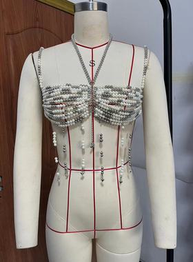 欧美跨境速卖通新款串珠辣妹身体链挂脖外搭链条流苏上衣