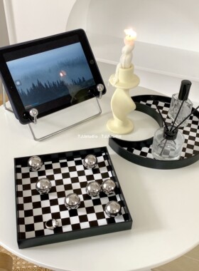 摆设装饰黑白棋盘格香薰收纳托盘