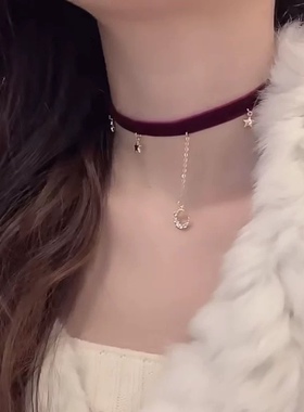 红色丝绒几何锁骨链欧美时尚