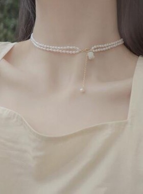双层仿珍珠花朵项链女韩版时尚设计感铃兰花锁骨链网红颈链配饰