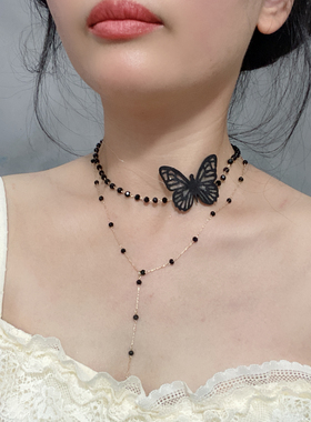 欧美跨境新款简约女士项链黑色水晶链条冷淡风百搭双层项链蝴蝶