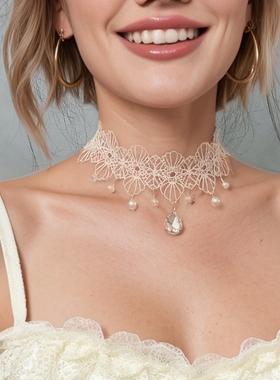 洛丽塔颈饰choker项链女白色蕾丝珍珠颈链少女气质项圈超仙锁骨链