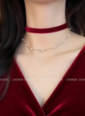 欧美跨境新款女士圣诞时尚简约不对称颈链红色锁骨链个性新年颈带