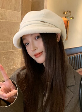 2025新款秋冬季毛绒渔夫帽女保暖护耳显脸小百搭休闲毛呢八角帽子