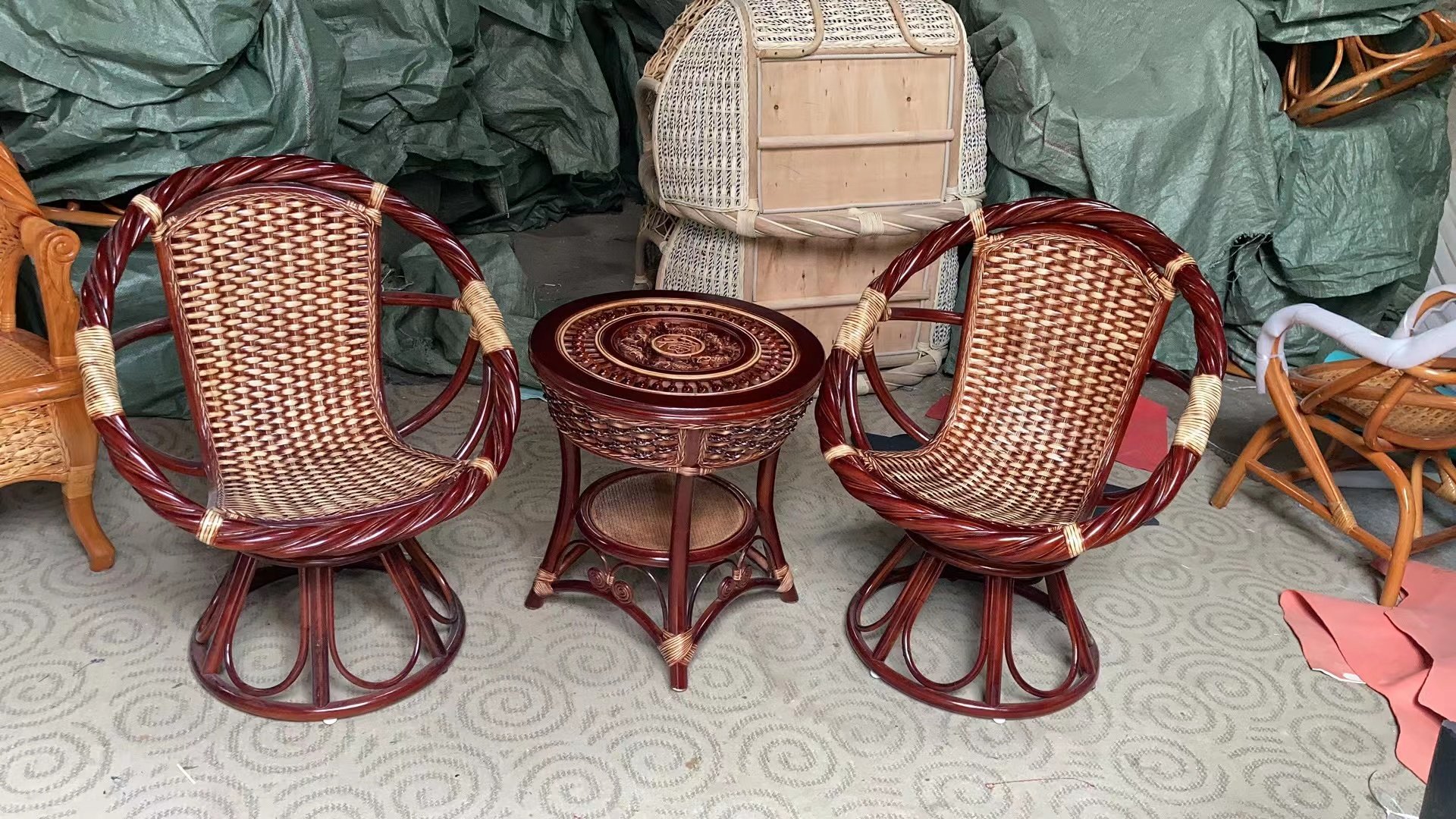 印尼天然真藤椅转椅藤编桌椅三件套家用摇摇椅旋转靠背椅庭院阳台,淘宝优惠券,粉丝福利购,淘宝优惠卷