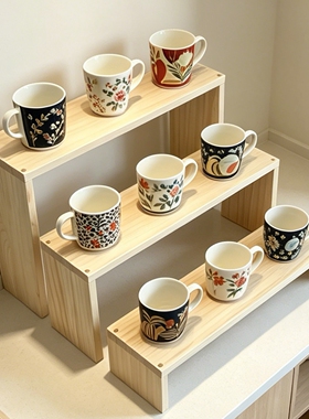 桌面纯实木阶梯式置物架茶杯盲盒玩具公仔摆件简约收纳展示陈列架