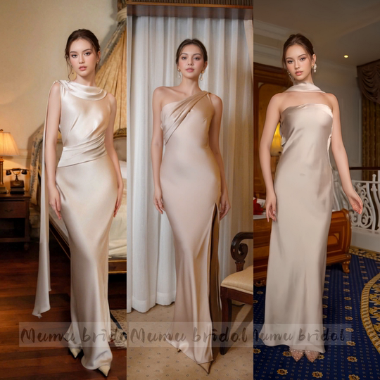 One-shoulder champagne satin bridesmaid dress niche high-end sister suit bridesmaid group bridesmaid skirt large size