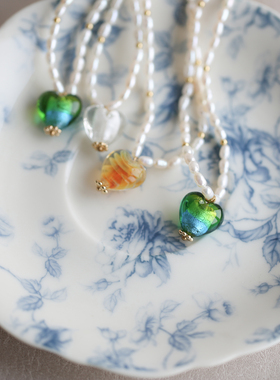 复古法式珍珠琉璃爱心项链