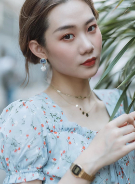 海蓝星尘真花碎片珍珠耳环