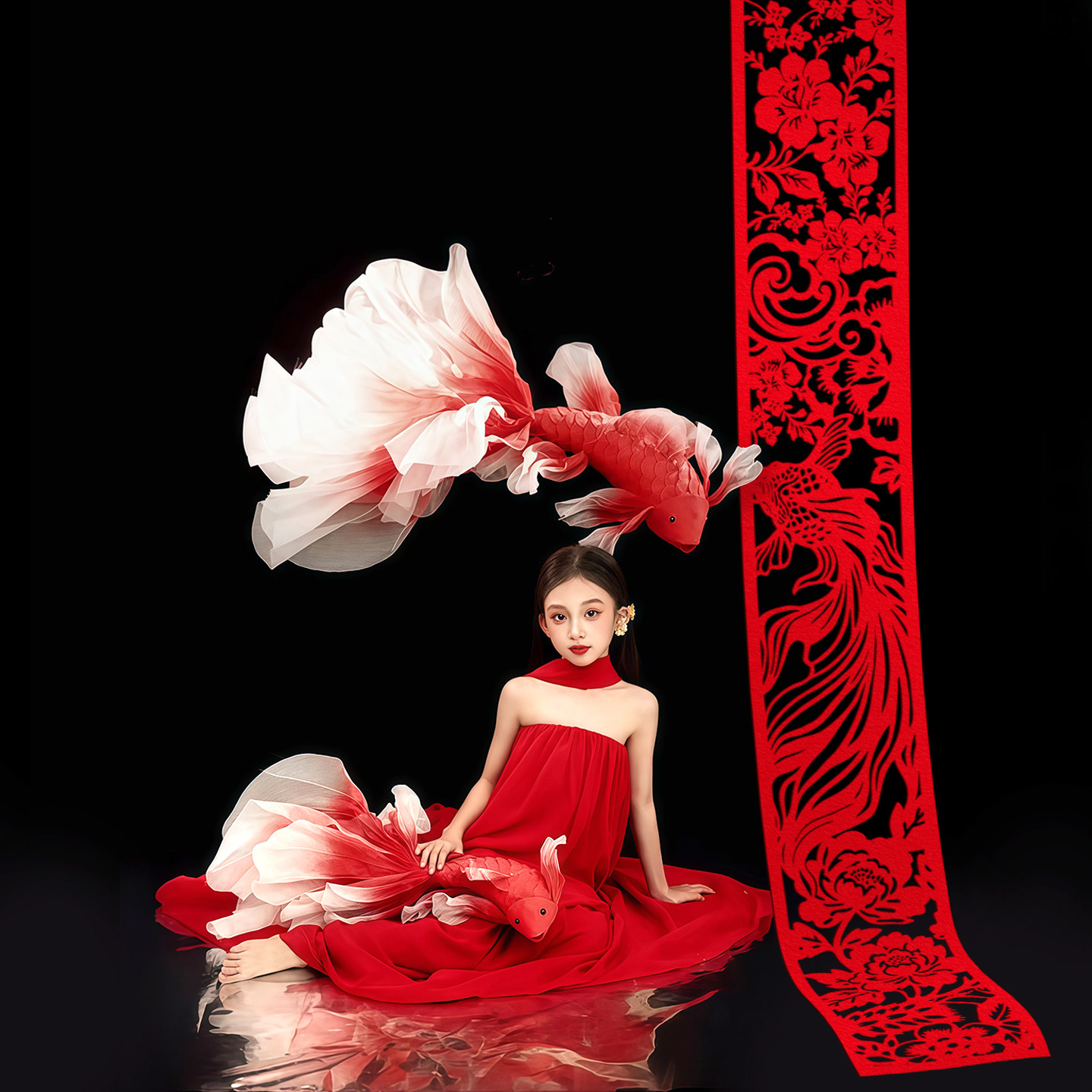 新年拍照道具红色锦鲤中式剪纸店铺橱窗房间背景墙装饰品摄影置景,淘宝优惠券,粉丝福利购,淘宝优惠卷