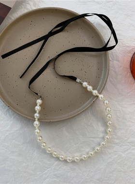 复古法式珍珠黑色蝴蝶结绑带项链
