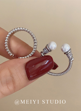 2026年新品开口珍珠麻花戒指女 小众满钻食指戒轻奢高级叠戴配饰